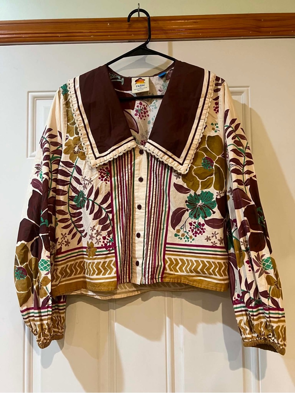 FARM Rio Cream Button-Front Floral Long-Sleeves Top  Brown Sailor Collar Small